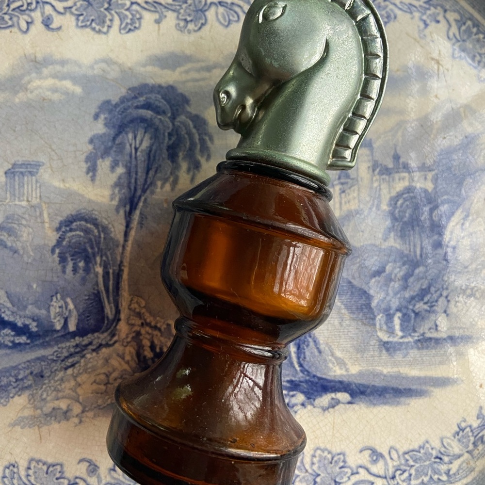 Vintage Chess Piece Amber Glass Cologne Bottle